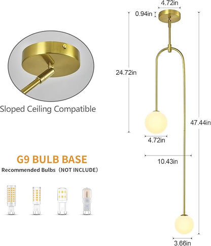 Modern Milk Glass Pendant Light 2 Light Mid Century Chandelier Small Glass Globe Gold Pendant Lights for Kitchen Island Bedroom Dining (Metal Tube Removable, 2 Pack)