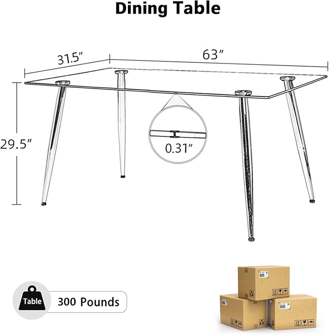 Baysitone Glass Dining Table for 4 with 63 inch Clear Rectangular Glass Top, 0.31" Modern Tempered Glass Kitchen Table Furniture with 4 Gold Plating Metal Legs for Home Dining Room