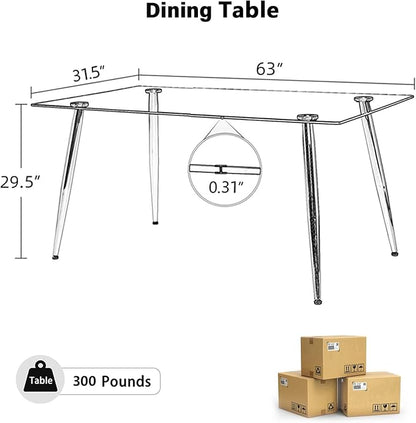 Baysitone Glass Dining Table for 4 with 63 inch Clear Tempered Glass Top, 0.31" Modern Rectangular Glass Kitchen Table Furniture with 4 Black Metal Legs for Home Kitchen Room