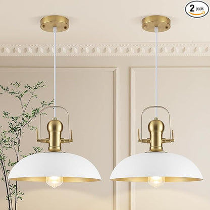 White and Gold Pendant Lights 2 Pack, 13.8 Inch White Farmhouse Pendant Light Kitchen Island, Industrial Pendant Lights, Island Pendant Lights for Kitchen Barn Hallway Porch Dining Room