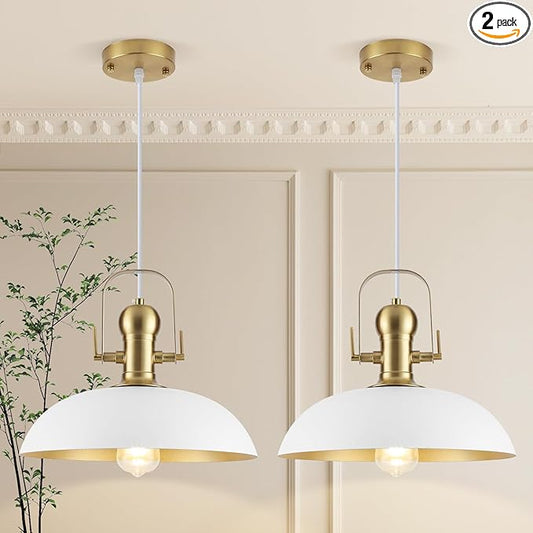 White and Gold Pendant Lights 2 Pack, 13.8 Inch White Farmhouse Pendant Light Kitchen Island, Industrial Pendant Lights, Island Pendant Lights for Kitchen Barn Hallway Porch Dining Room