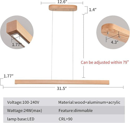 31" Wooden Linear Pendant Light LED Pendant Light Dimmable Pool Table Island Lights Modern Linear Chandeliers for Dining Room Kitchen Ceiling Pendant Lamp for Dining Room Kitchen Island Natural
