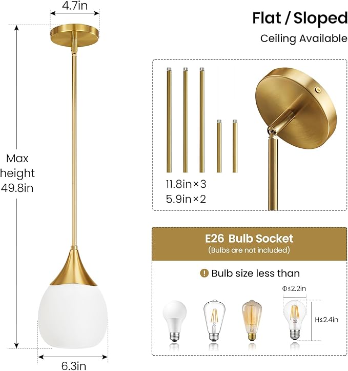 Kitchen Island Pendant Light: Mid Century Brushed Gold Hanging Light Fixtures with Milky Glass Globe - 6 Inch Farmhouse Chandeliers Ceiling Lighting for Dining Room