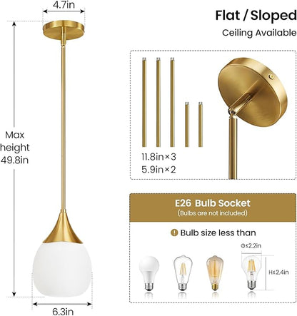 Kitchen Island Pendant Light: Mid Century Brushed Gold Hanging Light Fixtures with Milky Glass Globe - 6 Inch Farmhouse Chandeliers Ceiling Lighting for Dining Room