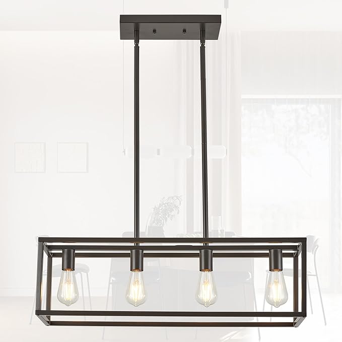 Farmhouse Rectangle Chandeliers for Dining Rooms, Modern Linear Hanging Light Fixture Matte Oil-Rubbed Bronze 4-Light Industrial Pendant Lighting for Kitchen Island