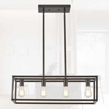 Farmhouse Rectangle Chandeliers for Dining Rooms, Modern Linear Hanging Light Fixture Matte Oil-Rubbed Bronze 4-Light Industrial Pendant Lighting for Kitchen Island