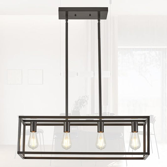 Farmhouse Rectangle Chandeliers for Dining Rooms, Modern Linear Hanging Light Fixture Matte Oil-Rubbed Bronze 4-Light Industrial Pendant Lighting for Kitchen Island