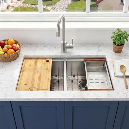LQS Kitchen Sink Stainless Steel, Undermount Kitchen Sink 32 Inch, 50/50 Double Bowl True 16 Gauge Stainless Steel Handmade with Abundant Accessories, R10 Round Corner and 10” Depth for Large Kitchen