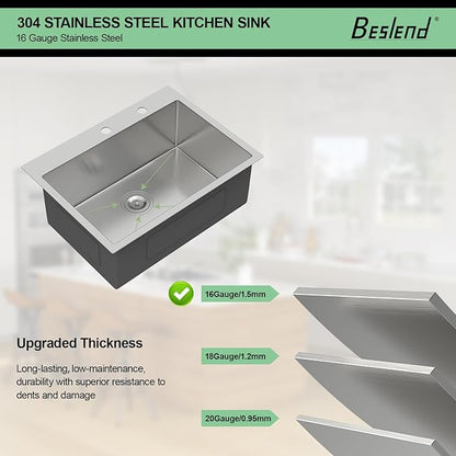24 Drop In Kitchen Sink - Beslend 24x18 Inch Kitchen Sink Drop In Stainless Steel Sinks Topmount 16 Gauge 9" Deep Single Bowl Above Counter Sinks Dish Basin, Sink Only