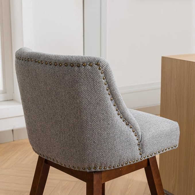 Comfortable Upholstered Swivel Bar Stool with Wooden Legs and Soft Fabric Seat for Kitchen Island or Home Bar Use (Gray + Wood+Fabric + Foam)