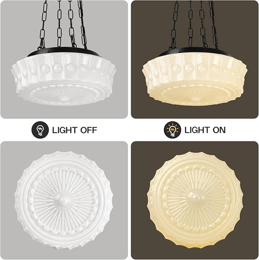 13.8" Milk Glass Pendant Light, Vintage Schoolhouse Chandelier, Mid Century Modern Hanging Ceiling Fixture for Kitchen Island, Dining Room, Bedroom, Hallway, Farmhouse Lighting White Lamp