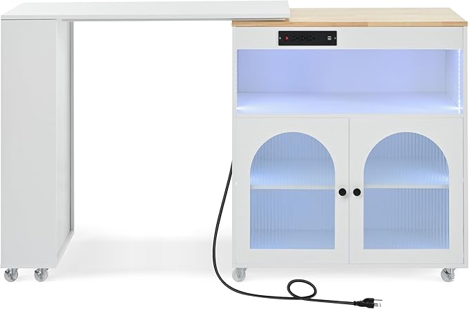 Modern Dining Table Kitchen Island on Wheels with Extended Table, Power Outlets, LED Lights, Fluted Glass Doors, Cabinet, Wood Counter for Living Room Decor,White-MDF