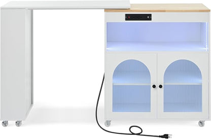 Modern Dining Table Kitchen Island on Wheels with Extended Table, Power Outlets, LED Lights, Fluted Glass Doors, Cabinet, Wood Counter for Living Room Decor,White-MDF