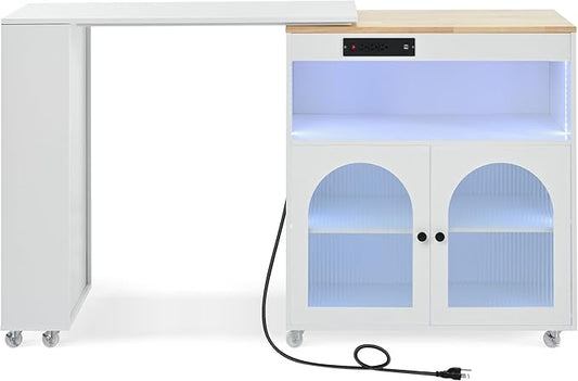 Modern Dining Table Kitchen Island on Wheels with Extended Table, Power Outlets, LED Lights, Fluted Glass Doors, Cabinet, Wood Counter for Living Room Decor,White-MDF