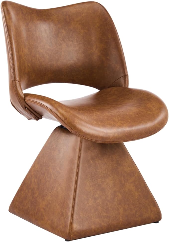 Swivel Dining Chair Upholstered Faux Leather Accent Seat with Curved High Back, Cushioned Foam Padding, Metal and Wood Support, Modern Armless Vanity Desk Chair for Kitchen Island, Dining Room (Brown)