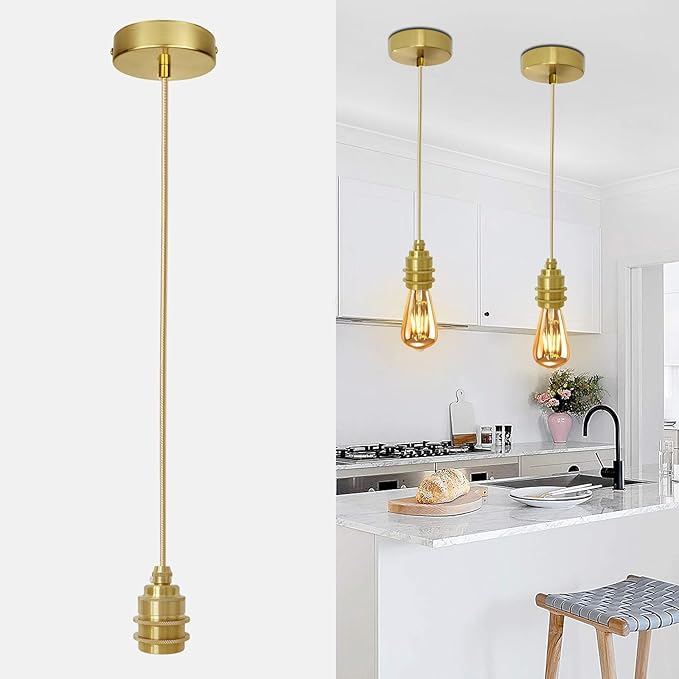 Mini Pendant Light Cord Kit, Industrial Retro Gold Pendant Light, 3.94ft Adjustable Woven Hanging Light Cord, Vintage Lamp Holder Fixture E26 Lamp Socket for Kitchen Farmhouse, Bulb Not Included