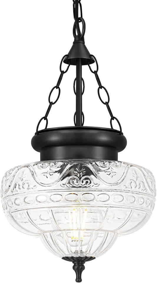 Vintage Pendant Light - Matte Black Pendant Lights Kitchen Island with Floral Glass, Hanging Lighting Fixtures with Adjustable Hanging Chain for Kitchen, Island, Dining Room, Entryway