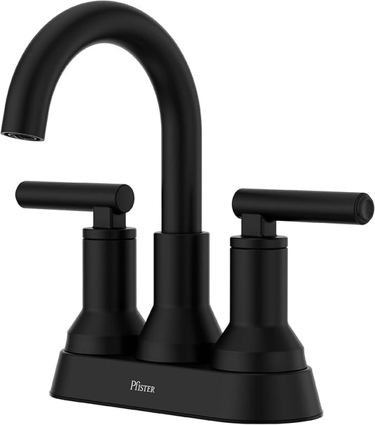 Pfister Capistrano 4 in Centerset 3-Hole Matte Black Bathroom Sink Faucet with 2-Handle Push & Seal Drain Technology, NSF Certified WaterSense Vanity Faucet LF048CSOSDB