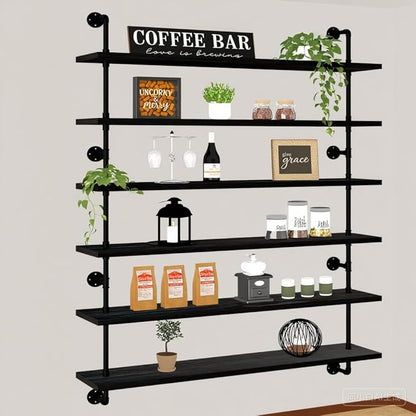 HDDFER 48 Inch Pipe Shelf Floating Shelves for Wall Shelves Bookshelf Industrial Pipe Shelving Real Wood Planks Rustic Hanging Shelves Farmhouse Kitchen Bar Shelving Black
