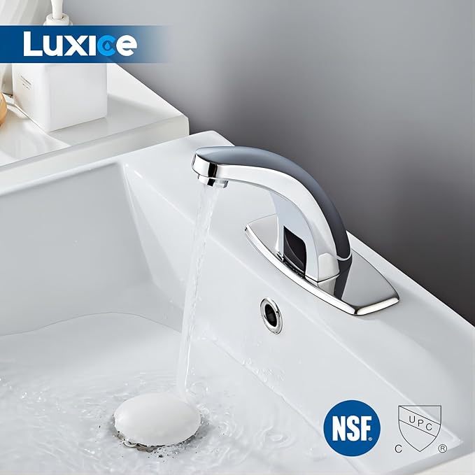 Touchless Bathroom Sink Faucet Automatic Motion Sensor Hands Free Commercial Faucets Chrome with Hot & Cold Temperature Mixing Valve Battery Operated
