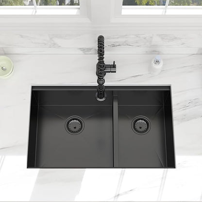30 Black Undermount Kitchen Sink - 30x19 Gunmetal Black Double Bowl Kitchen Sinks Workstation 16 Gauge Stainless Steel Sink Low Divide Double Basin 60/40