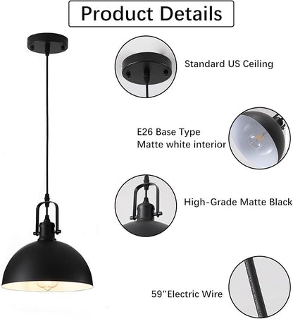 Pendant Lights, Modern Matte Black Metal Hanging Light Fixtures, Adjustable Height Industrial Pendant Lighting for Kitchen Island Dining Room Bedroom Bar Office 9.84”