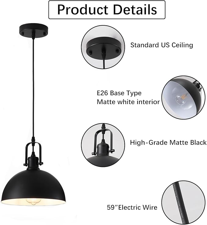 Farmhouse Pendant Lights Kitchen Island 3 Pack, Matte Black Modern Hanging Light Fixtures, Industrial Ceiling Pendant Lighting Over Sink Dining Room