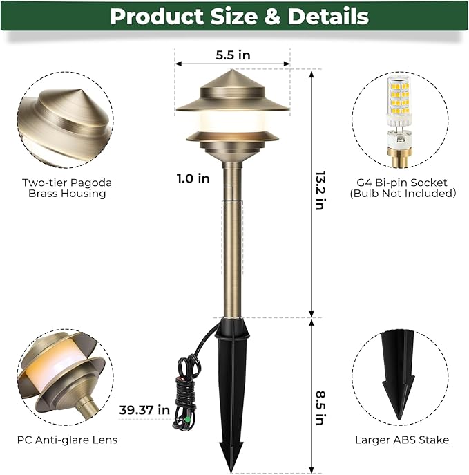 Gardencoin Pagoda Solid Brass Low Voltage Landscape Pathway Lights, 12V LED Heavy Duty Path Lighting Outdoor Wired, Waterproof Antique Bronze Walkway Lights, 6 Pack Without G4 Bulb