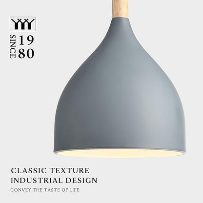 Modern Pendant Light, 6.6"x6.6"x7" Iron Hanging Fixture with Warm Oak Woodgrain, 15"-72" Adjustable Cord, E26 Socket, 4.7" Ceiling Canopy for Kitchen, Hallway – Ashwood Gray