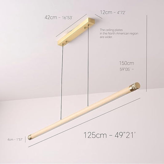 47" Wood Linear Pendant Light, Modern Wabi-Sabi Chandelier with Handcrafted Walnut & Brass, 3 Color Temperatures (3000K-6000K), Hanging Light Fixture for Dining Room, Kitchen, Bedroom