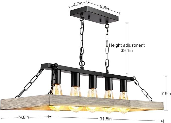 Rustic Farmhouse Chandelier for Dining Room, 31.5" Linear 5-Light Black Metal with Retro Wood Finish, Industrial Hanging Pendant Light Fixture for Kitchen Island Over Table (E26)