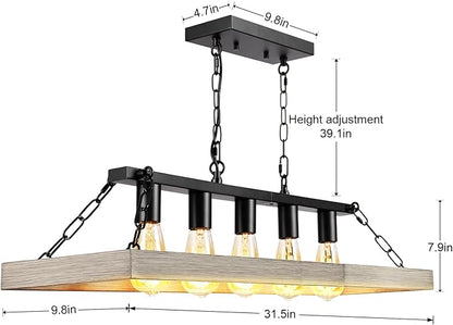 Rustic Farmhouse Chandelier for Dining Room, 31.5" Linear 5-Light Black Metal with Retro Wood Finish, Industrial Hanging Pendant Light Fixture for Kitchen Island Over Table (E26)