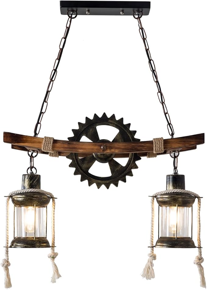 2-Head Retro Industrial Chandelier, 110-120v Rustic Wood Hanging Industrial Pendant Lighting Industrial Wood Metal Vintage Ceiling Light Fixture for Living Rooms Bedrooms Kitchen Islands