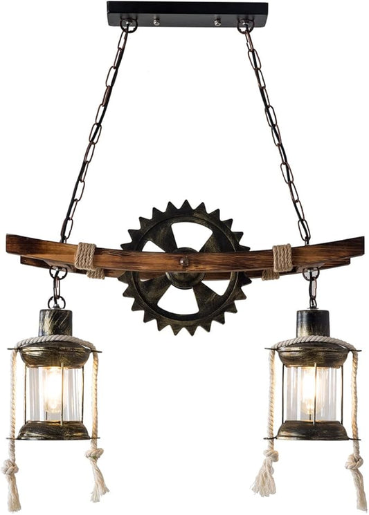 2-Head Retro Industrial Chandelier, 110-120v Rustic Wood Hanging Industrial Pendant Lighting Industrial Wood Metal Vintage Ceiling Light Fixture for Living Rooms Bedrooms Kitchen Islands
