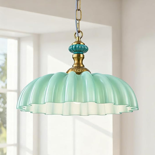 FTL Vintage Flower Green Milk Glass Chandelier Floral Glass Pendant Lights Kitchen Island Modern Farmhouse Hanging Ceiling Light Fixtures Over Table for Dinning Room Living Room Entryway