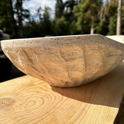 Shades of Nature Oval Travertine Vessel Sink – Natural Stone Wash Basin, Hand-Carved Bathroom Sink with Chiseled Exterior & Polished Interior, Above Counter Vanity Basin (Includes Matching Soap Tray)