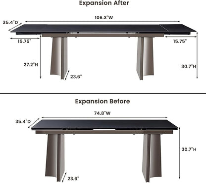 Extendable Dining Table for 8-12 Seat, Flexible Stretch, Tabletop Made from Rock Plate and Tempered Glass, Stable Stainless Steel Brushed Table Legs, 35.4"D x 106.3"W x 30.7"H, Pure Black