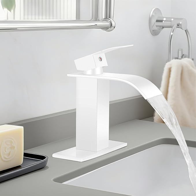 White Bathroom Faucets, Waterfall Bathroom Sink Faucet Modern Single Handle Bathroom Faucte 1 or 3 Hole, RV Mixer Tap Vanity Faucet - Includes Pop-up Drain Supply Hoses Deck Plate