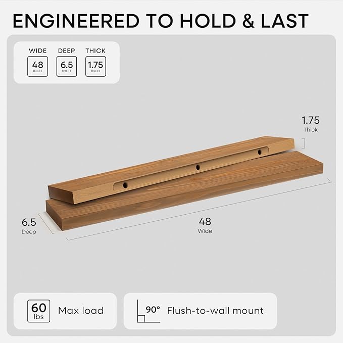 Homeforia 48 inch Golden Oak Floating Shelf, High End Solid Real Wood 48inch Small Floating Shelves for Wall Mounted, Oak Wooden 48in Floating Shelves, Heavy Duty Bracket, 48 X 6.5 X 1.75 in, Set of 2