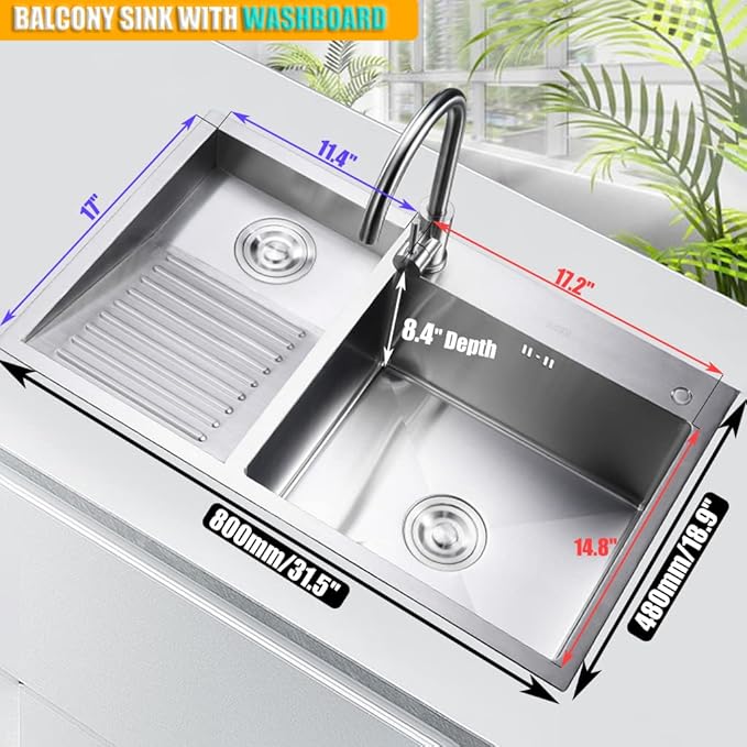 Laundry Utility Sink With Washboard Stainless Steel Kitchen Sink Household Pool Balcony Room Wash Basin Easy Clean Double-Bowl (with Faucet, 800mm/31.5Inch)
