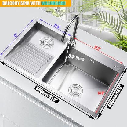 Laundry Utility Sink With Washboard Stainless Steel Kitchen Sink Household Pool Balcony Room Wash Basin Easy Clean Double-Bowl (with Faucet, 800mm/31.5Inch)