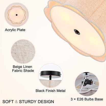 Semi Flush Mount Ceiling Light, Beige Linen Fabric Shade Ceiling Light, Black Modern Farmhouse Close to Ceiling Light for Bedroom, Hallway, Living Room, Dining Room, Laundry Room