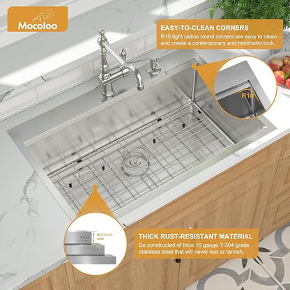 Mocoloo 30 x 22 Inch Drop In Kitchen Sink - 30 Inch Topmount Kitchen Sinks Stainless Steel 16 Gauge Single Bowl Above Counter Handmade Workstation Sink, 10'' Deep Basin Modern