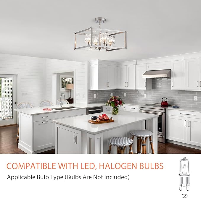 4-Light Farmhouse Chandelier for Dining Room, 15.7" Modern Brushed Nickel Ceiling Light Fixture, Adjustable Height Pendant Lighting for Kitchen, Living Room, Hallway, Bedroom, Foyer