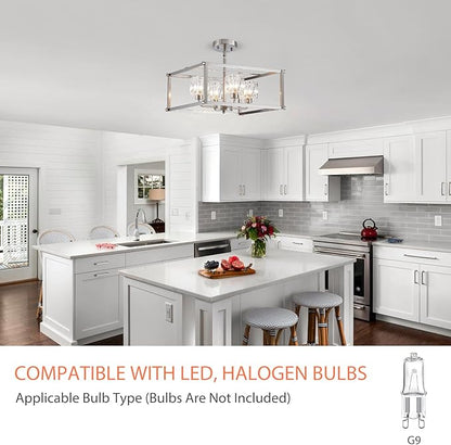 4-Light Farmhouse Chandelier for Dining Room, 15.7" Modern Brushed Nickel Ceiling Light Fixture, Adjustable Height Pendant Lighting for Kitchen, Living Room, Hallway, Bedroom, Foyer