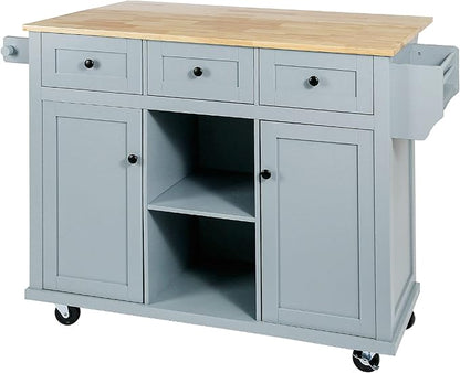Merax Rolling Mobile Kitchen Island Cart Cabinet with Door Internal Storage Racks, 3 Drawers and 5 Locking Wheels for Dining Room