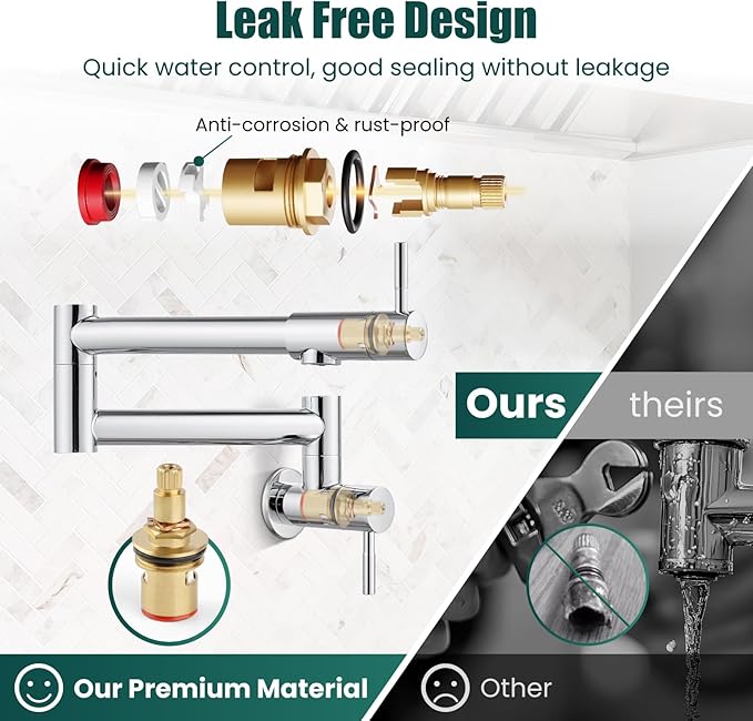 Heyalan Pot Filler 19 Inch Wall Mount Folding Stretchable Kitchen Restaurant Faucet Stainless Steel Pot Filler Double Joint Swing Arm Two Handles Commercial NPT,Straight Handle,Polish Chrome