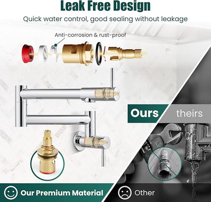 Heyalan Pot Filler 19 Inch Wall Mount Folding Stretchable Kitchen Restaurant Faucet Stainless Steel Pot Filler Double Joint Swing Arm Two Handles Commercial NPT,Straight Handle,Polish Chrome