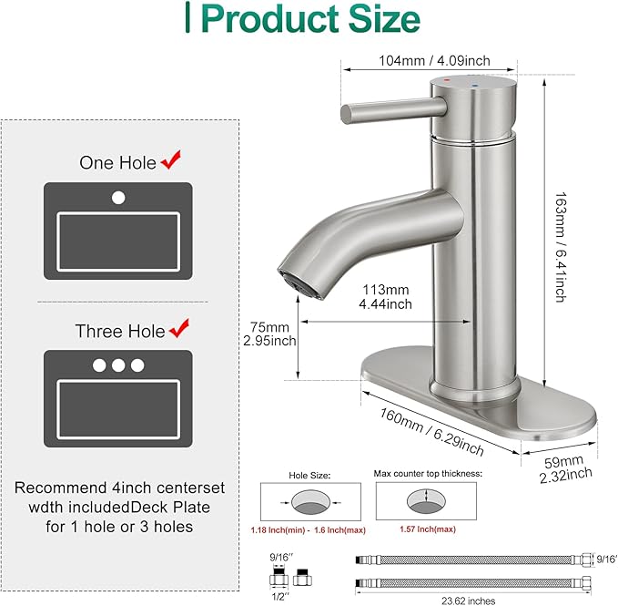 Brushed Nickel Bathroom Faucet Single Handle Bathroom Vanity Sink Faucet with Pop-up Drain, Rv Lavatory Vessel Faucet Basin Mixer Tap with Deck Plate
