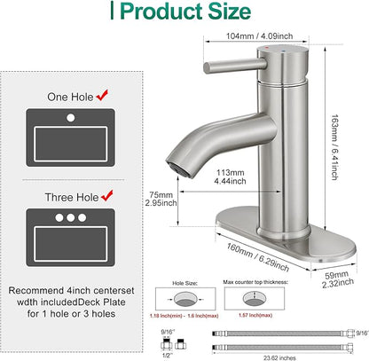 Brushed Nickel Bathroom Faucet Single Handle Bathroom Vanity Sink Faucet with Pop-up Drain, Rv Lavatory Vessel Faucet Basin Mixer Tap with Deck Plate